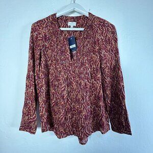 Lucky Brand Womens V-Neck Paisley Print Long Sleeve High Low Blouse Red New $99